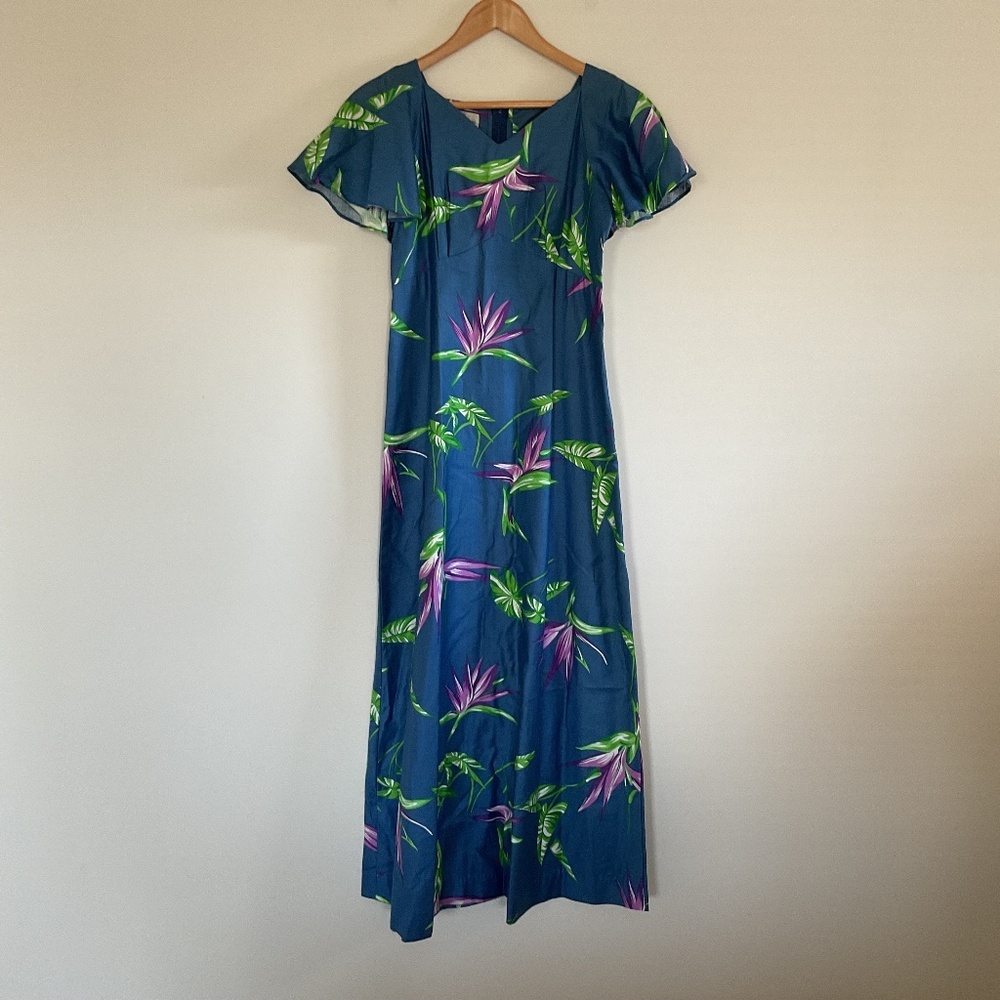 VTG Hukilau Fashions Honolulu Tropical Floral Maxi Dress Sz S Blue Purple Green